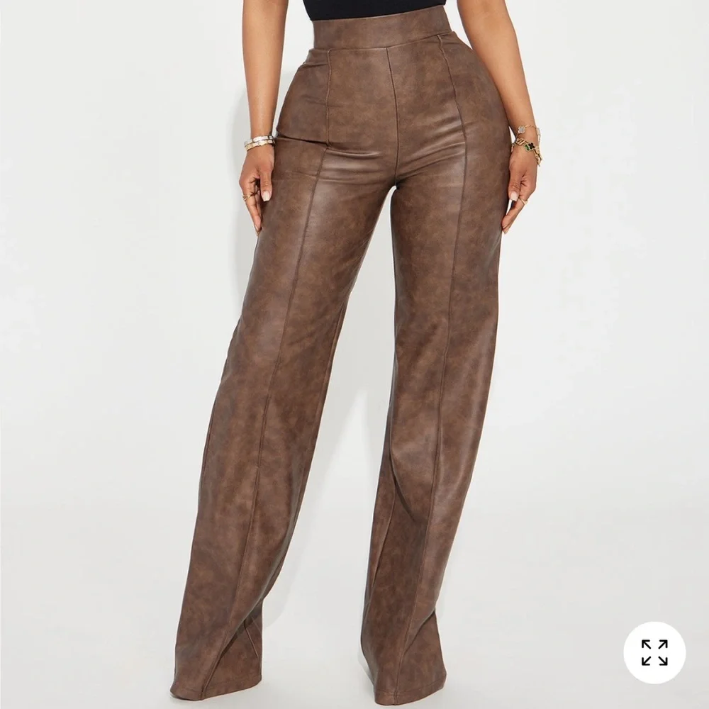 Fashion Nova Brown Wide-Leg Faux Leather Pants - Picture 1 of 2